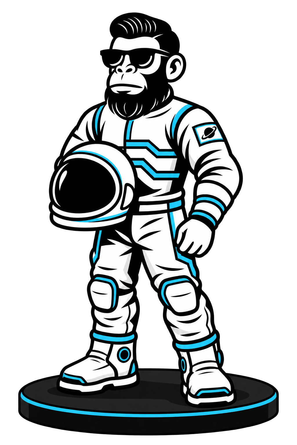 Pacco, mascote astronauta da AstroClub, de corpo inteiro com as botas apoiadas em uma plataforma